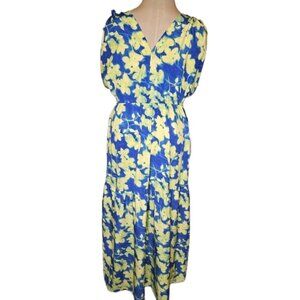 Calvin Klein Womens Floral Maxi Dress Blue & Yellow Size 16 Elastic Waist Tie Sl